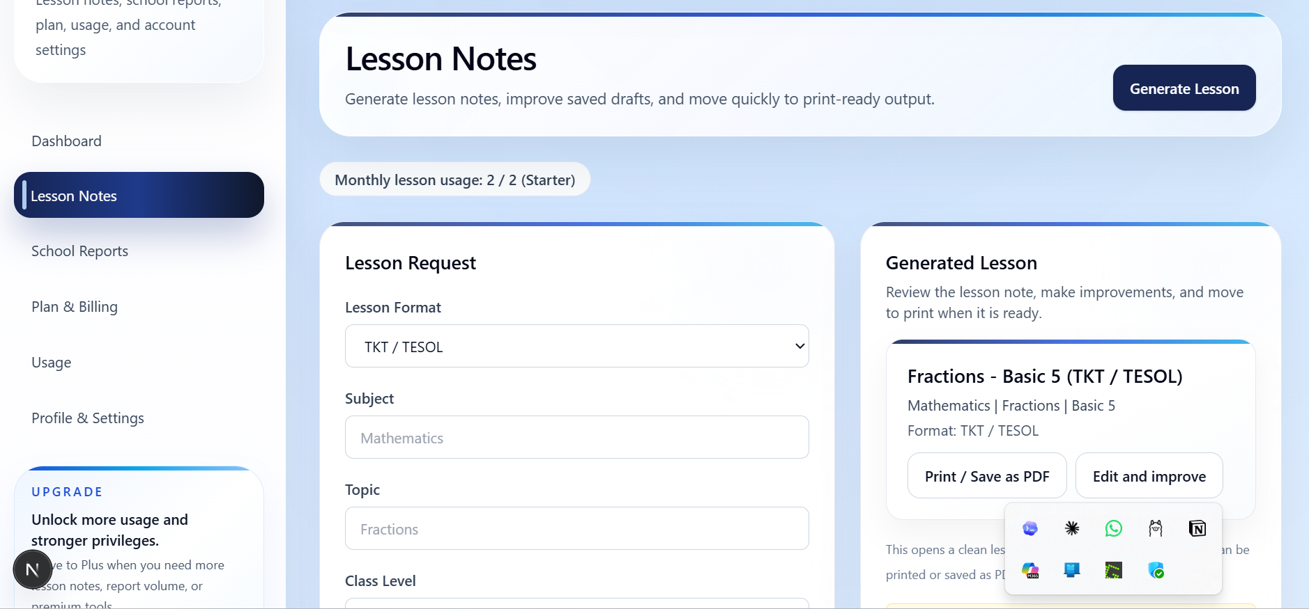 Lesson note dashboard preview